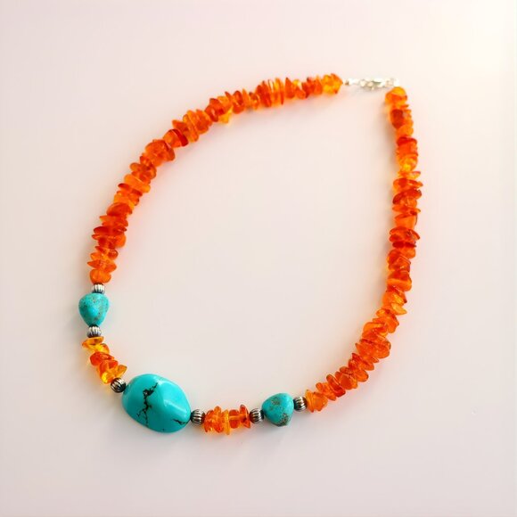 Baltic Amber & Turquoise Necklace With Sterling Silver Navajo Beads - Picture 4 of 5